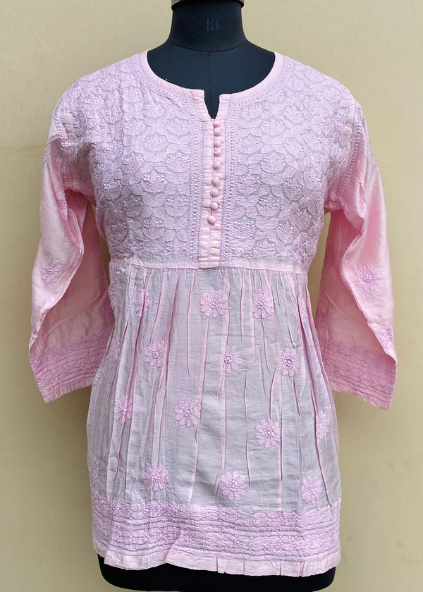 Lucknowi Chikankari Short Kurti Pink Mal Chanderi