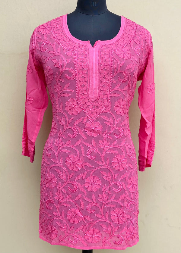 Lucknowi Chikankari Short Kurti Pink Pure Georgette With Resham Work