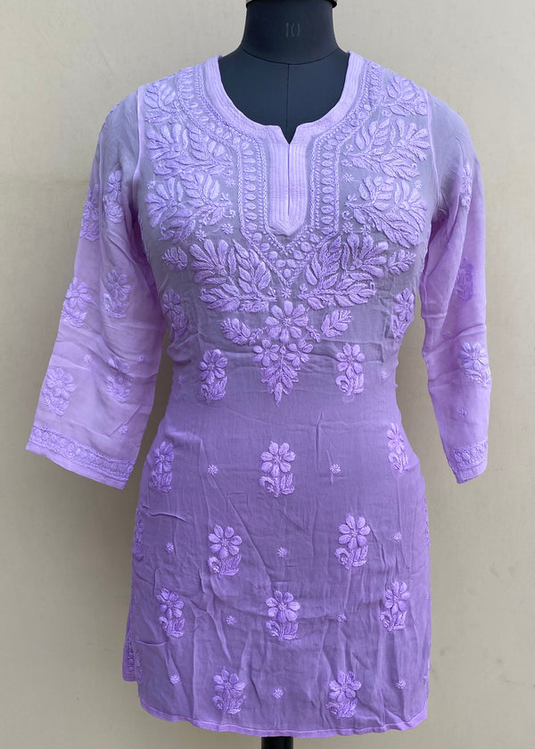 Lucknowi Chikankari Ombre Short Kurti Purple Pure Georgette With Self 3D Work