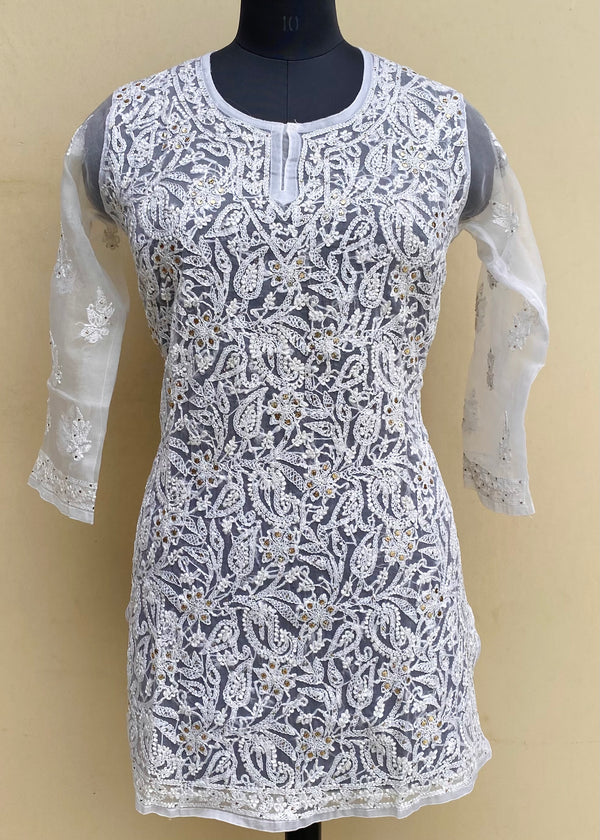 Lucknowi Chikankari Short Kurti White Organza With Mukaish Work