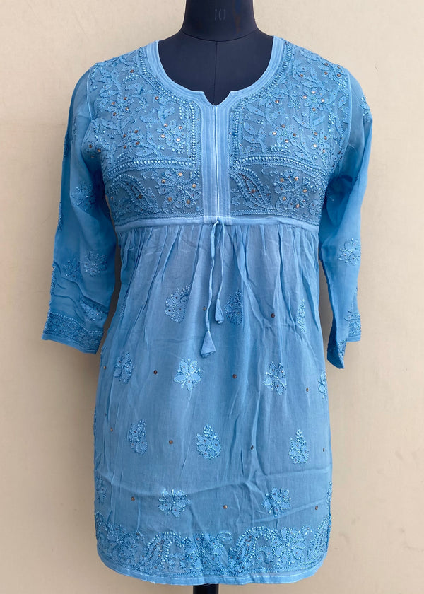 Lucknowi Chikankari Short Kurti Blue Pure Georgette With Resham & Mukaish Work