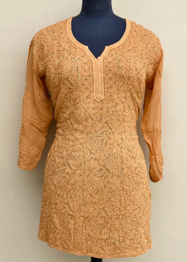 Lucknowi Chikankari Short Kurti Rust Pure Georgette With Resham Work