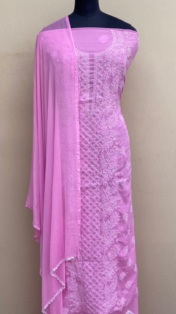 Lucknowi Chikankari Suit Length 3 Piece Pink Mulmul Cotton