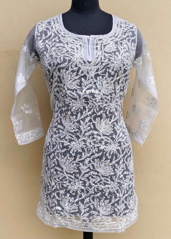 Lucknowi Chikankari Short Kurti White Organza With Mukaish Work