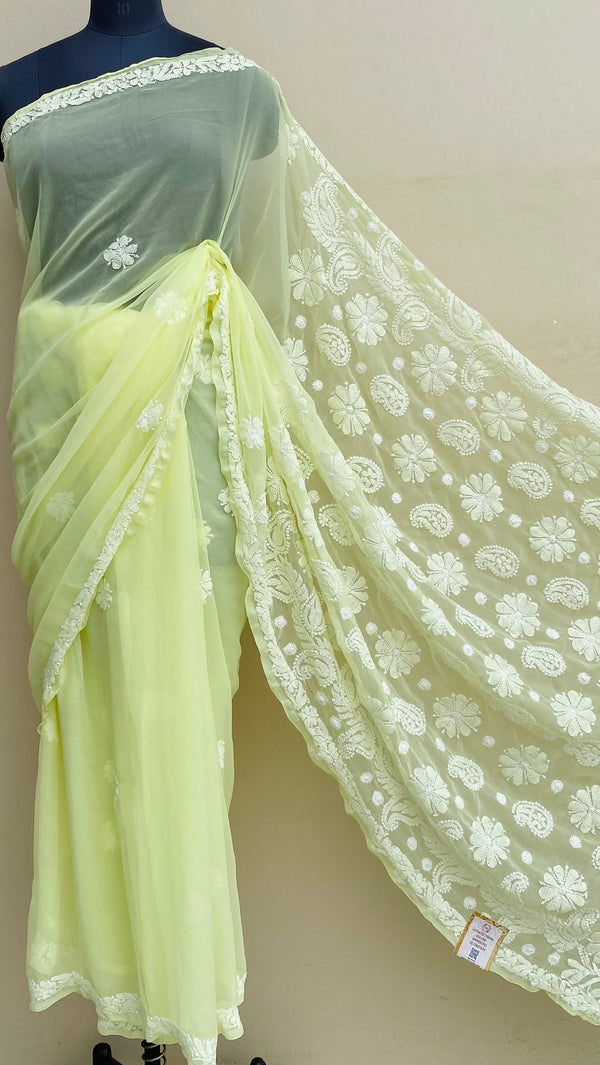 Lucknowi Chikankari Saree Yellow Georgette