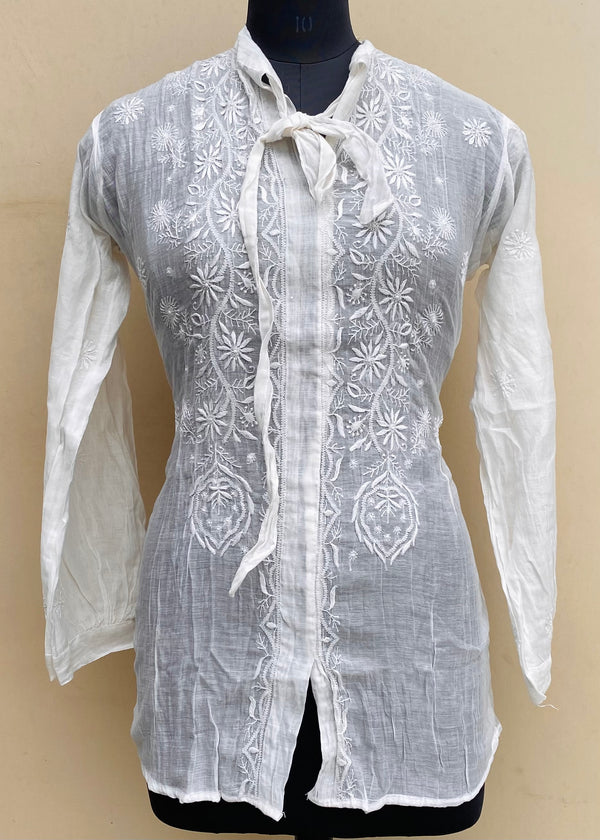 Lucknowi Chikankari Short Kurti Off White Mal Chanderi