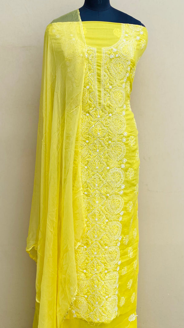 Lucknowi Chikankari Suit Length 3 Piece Yellow Mulmul Cotton