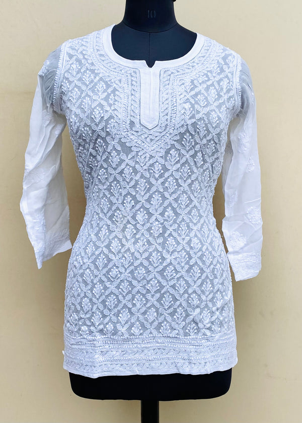 Lucknowi Chikankari Short Kurti White Pure Georgette