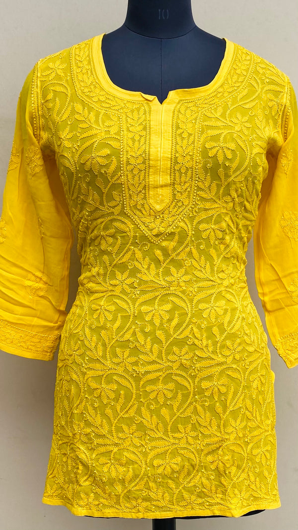 Lucknowi Chikankari Short Kurti Yellow Pure Georgette With Resham Work