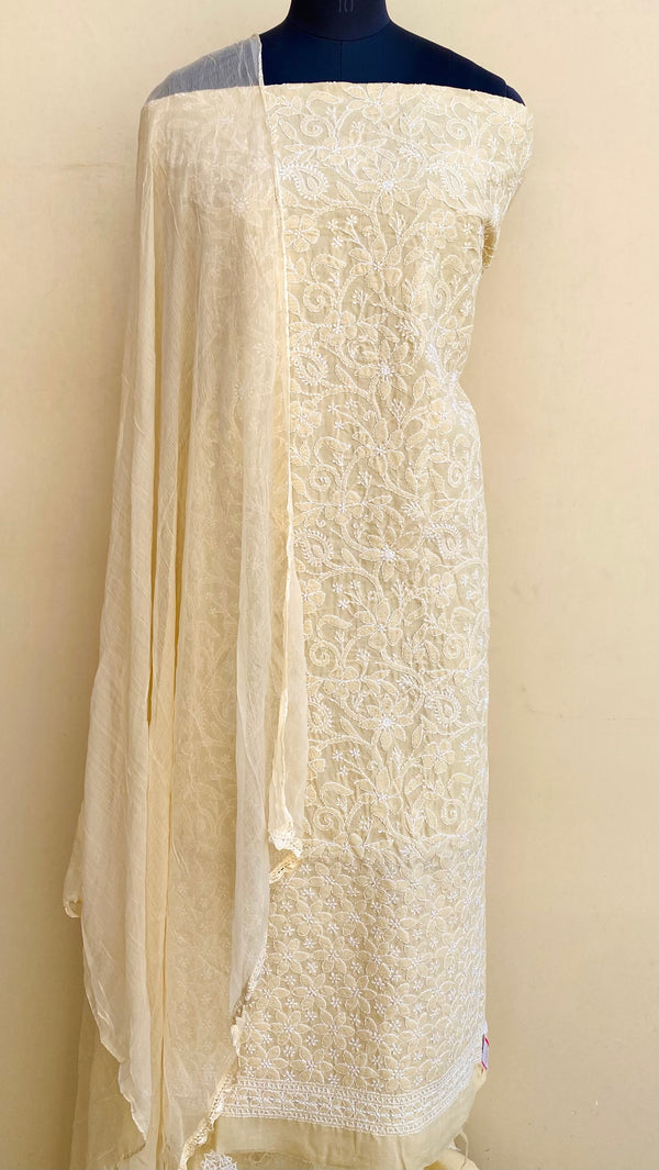 Lucknowi Chikankari Suit Length 3 Piece Cream Cotton