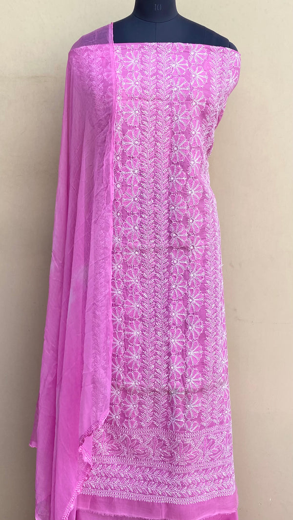 Lucknowi Chikankari Suit Length 3 Piece Pink Cotton