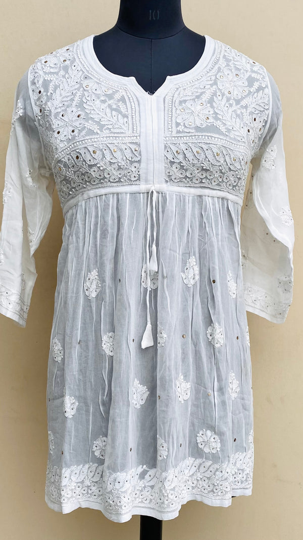 Lucknowi Chikankari Short Kurti White Pure Georgette With Mukaish & Resham Work