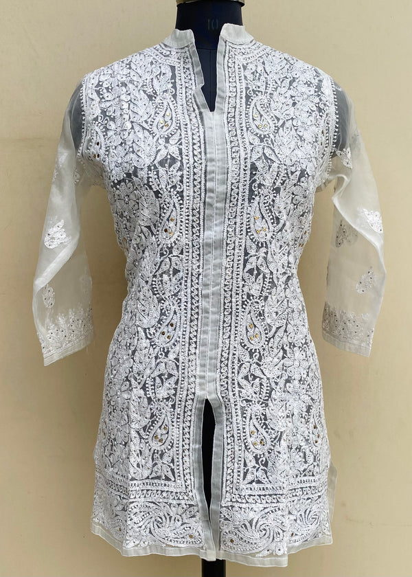 Lucknowi Chikankari Short Kurti White Organza With Mukaish Work