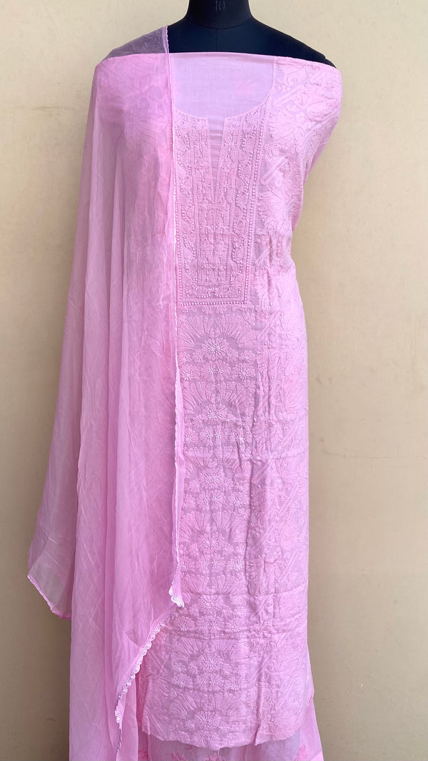 Lucknowi Chikankari Suit Length 3 Piece Pink Cotton