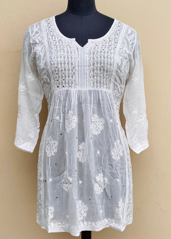 Lucknowi Chikankari Angrakha Short Kurti White Pure Georgette With Mukaish & Resham Work