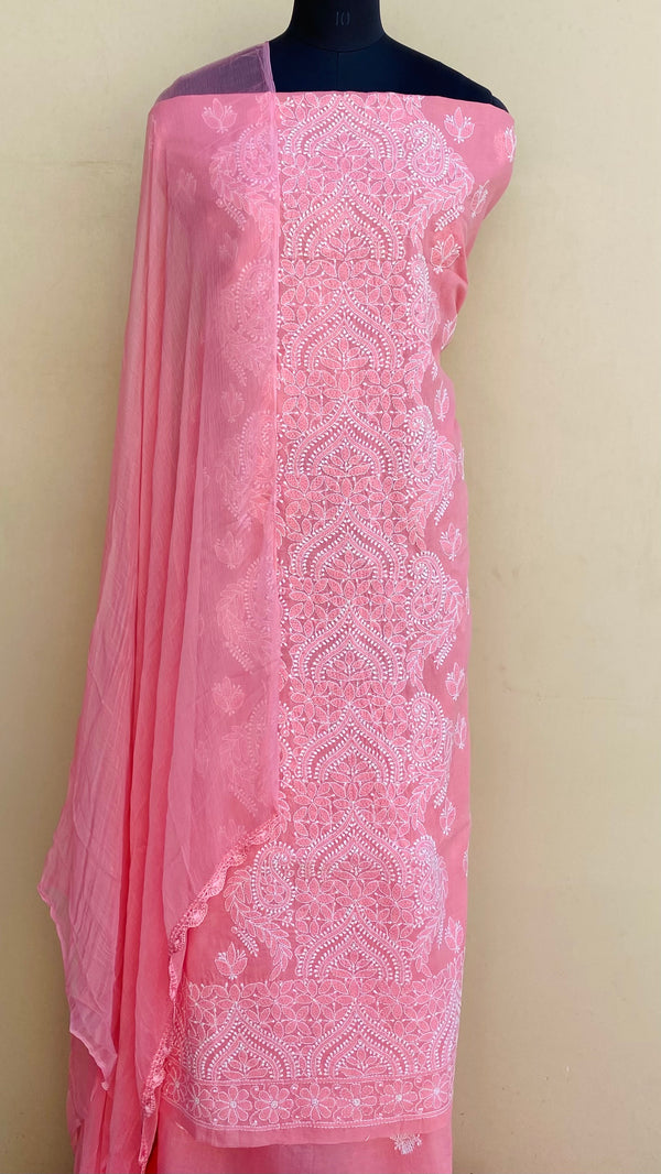 Lucknowi Chikankari Suit Length 3 Piece Pink Cotton