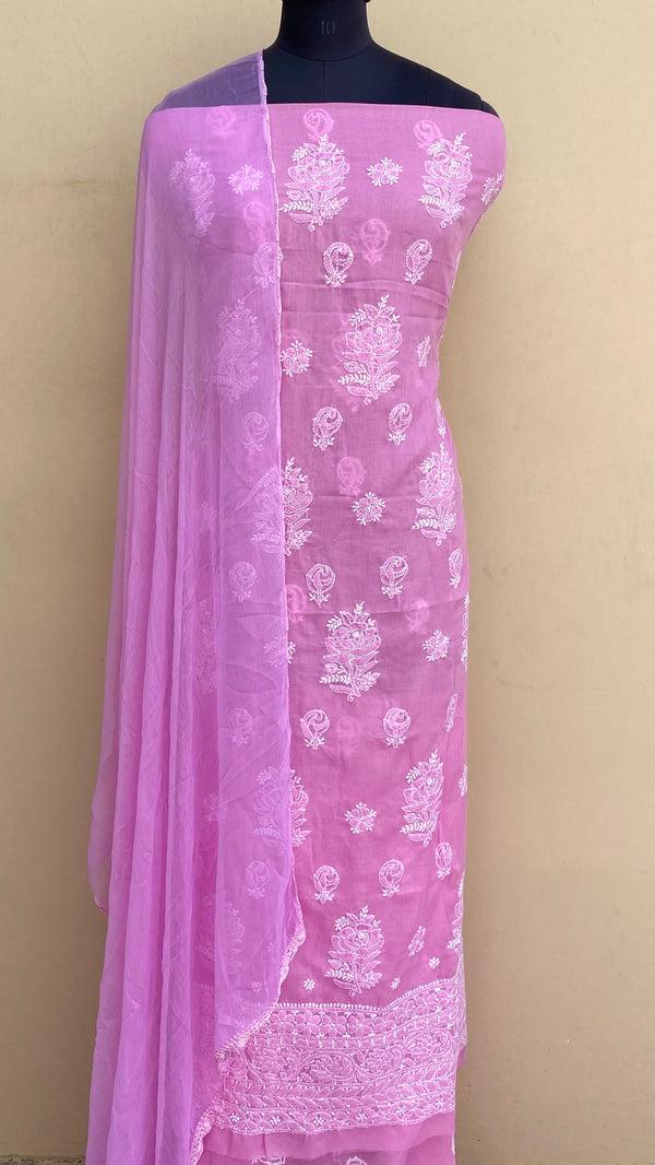 Lucknowi Chikankari Suit Length 3 Piece Pink Mulmul Cotton