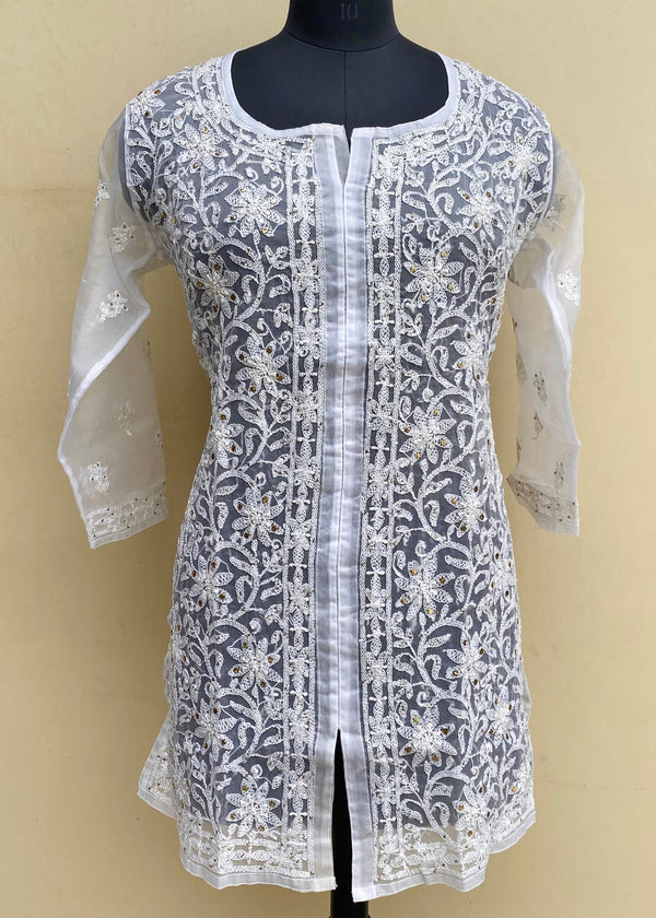 Lucknowi Chikankari Short Kurti White Organza With Mukaish Work