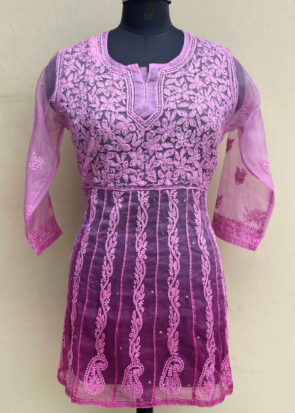 Lucknowi Chikankari Ombre Short Kurti Pink Organza With Mukaish Work