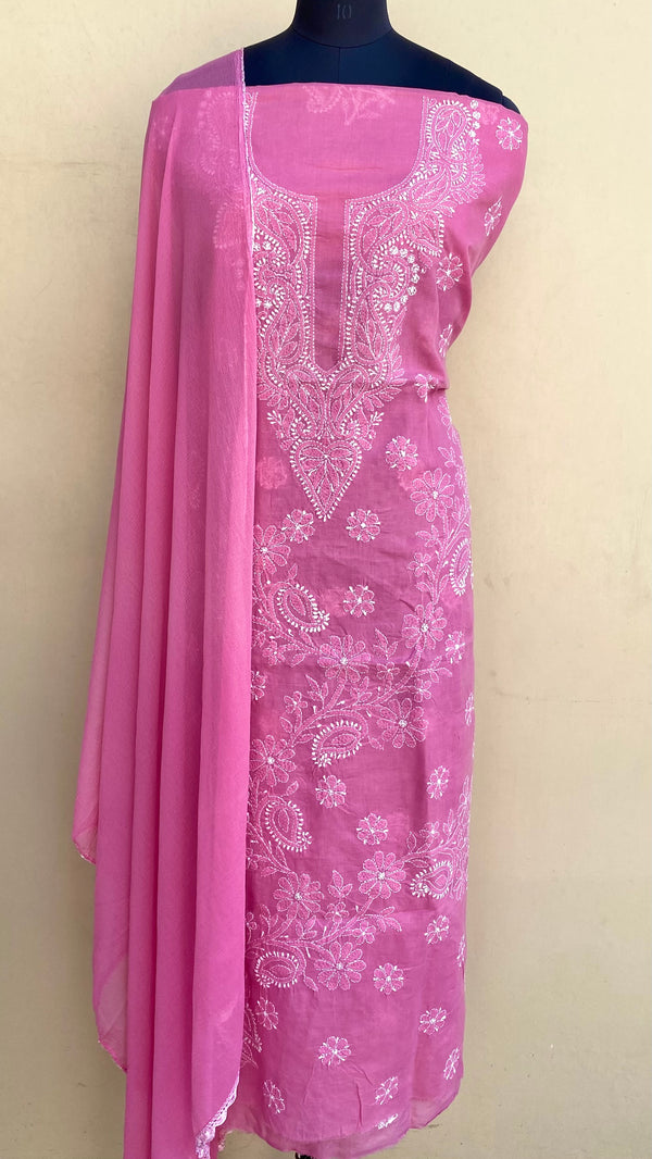 Lucknowi Chikankari Suit Length 3 Piece Pink Cotton