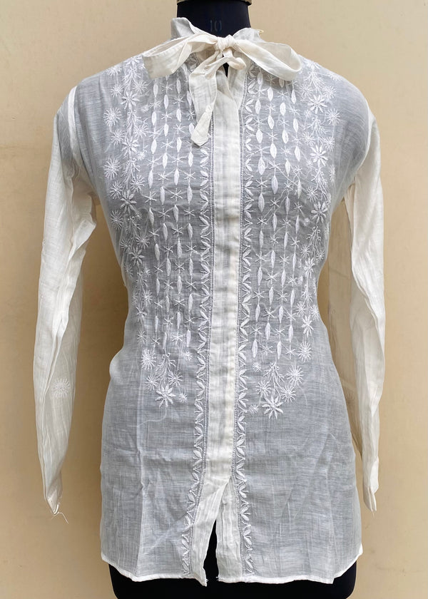 Lucknowi Chikankari Short Kurti Off White Mal Chanderi