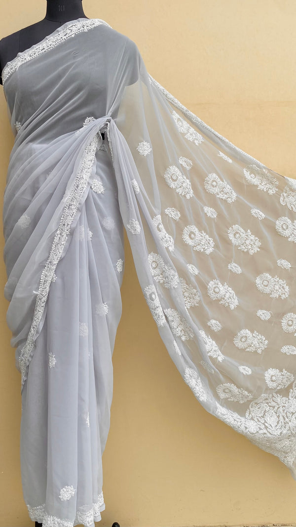 Lucknowi Chikankari Saree Gray Georgette