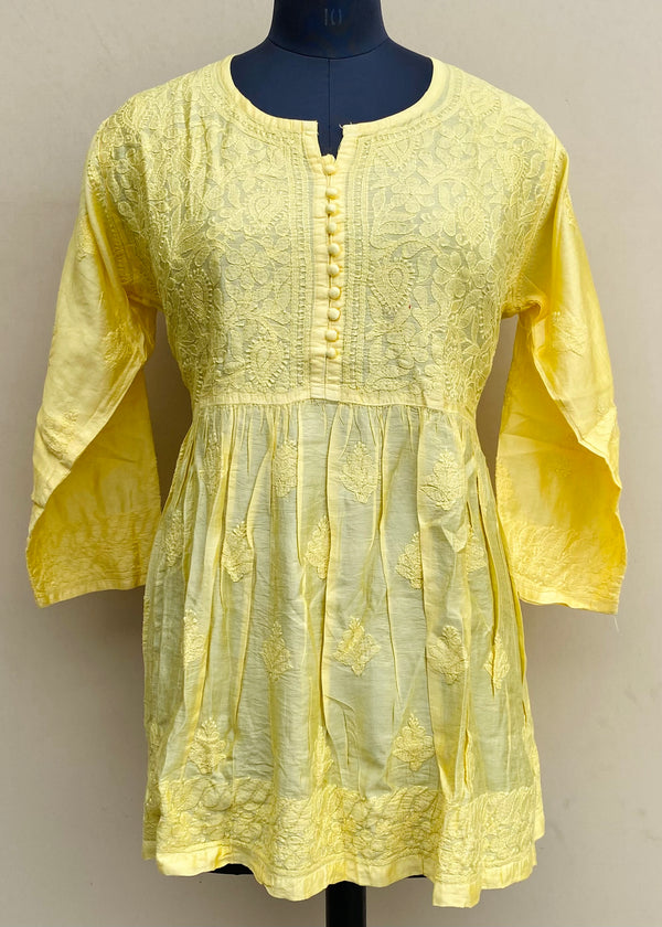 Lucknowi Chikankari Short Kurti Yellow Mal Chanderi