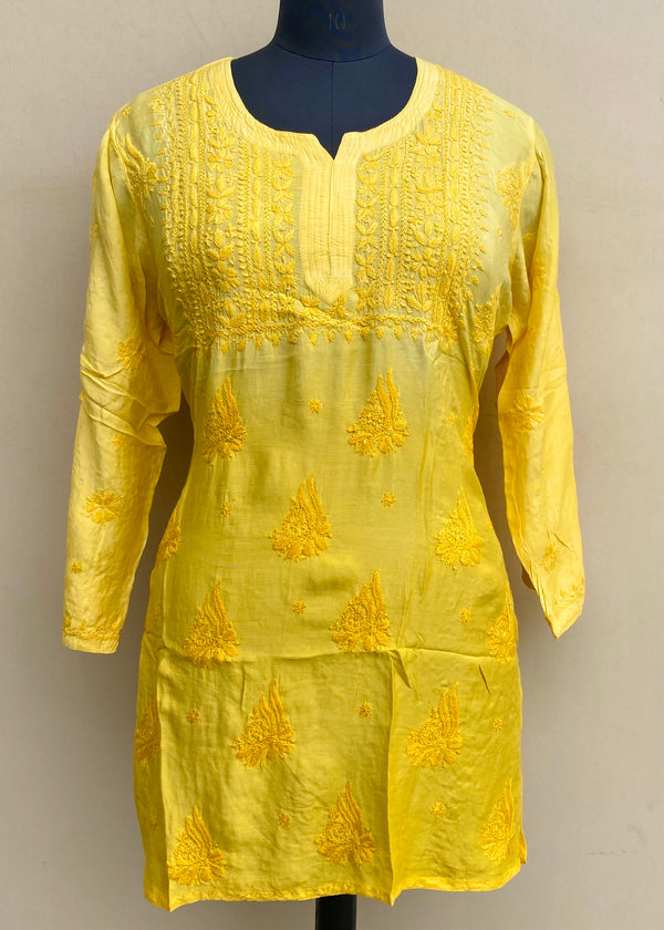 Lucknowi Chikankari Short Kurti Yellow Muslin Cotton With Self 3D Work