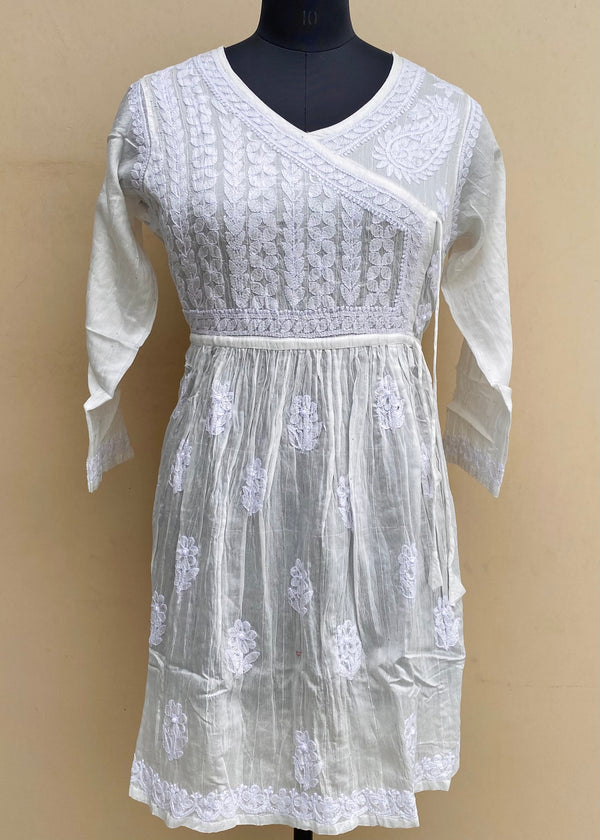 Lucknowi Chikankari Short Kurti White Mal Chanderi  With Sequence Work