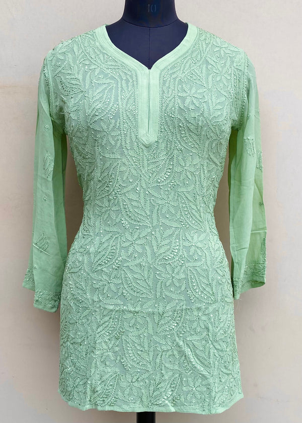 Lucknowi Chikankari Short Kurti Green Pure Georgette With Resham Work