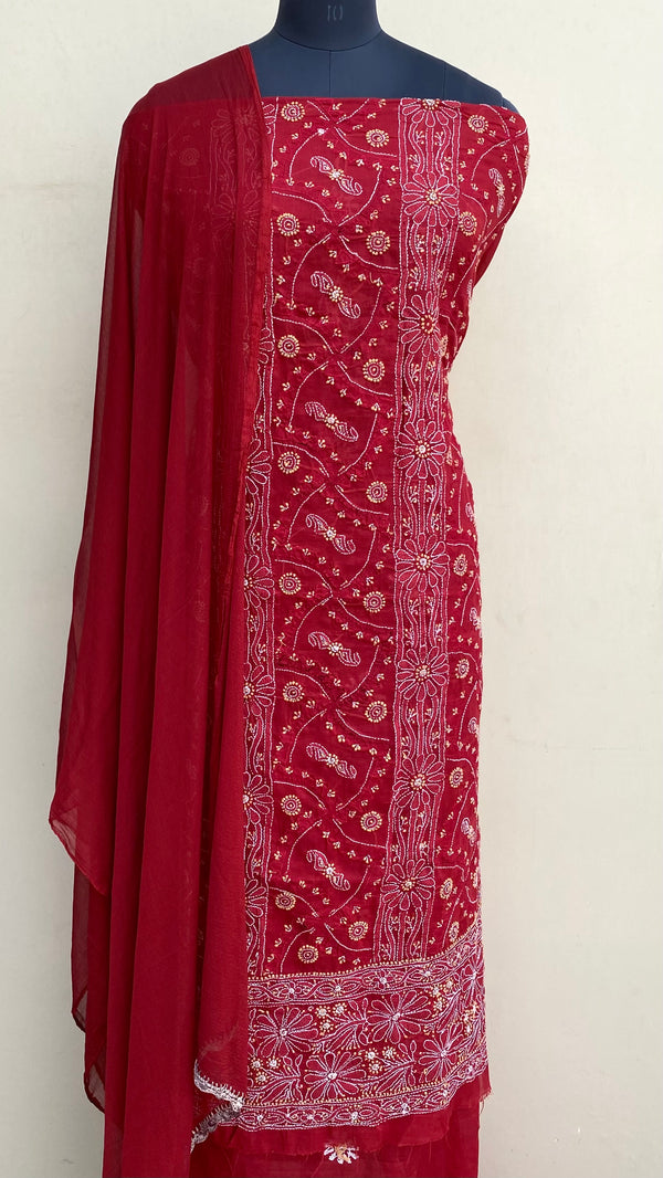 Lucknowi Chikankari Suit Length 3 Piece Red Mulmul Cotton