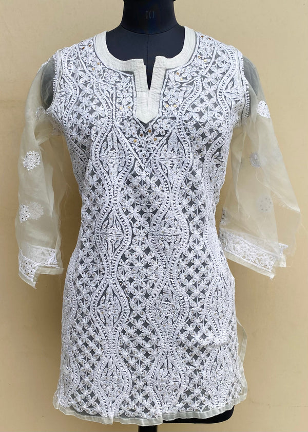 Lucknowi Chikankari Short Kurti White Organza With Mukaish Work