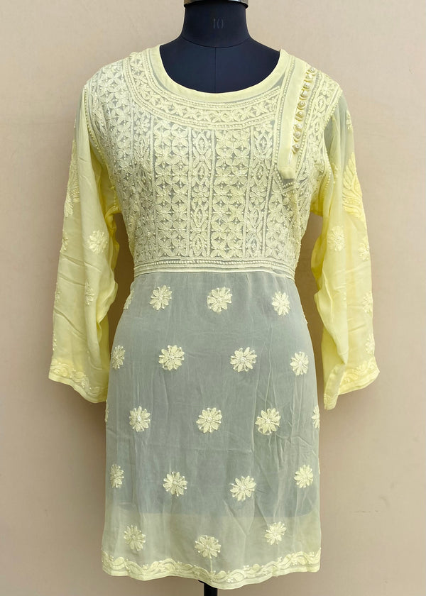 Lucknowi Chikankari Short Kurti Lemon Yellow Pure Georgette