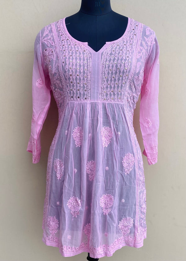 Lucknowi Chikankari Short Kurti Pink Pure Georgette With Resham & Mukaish Work