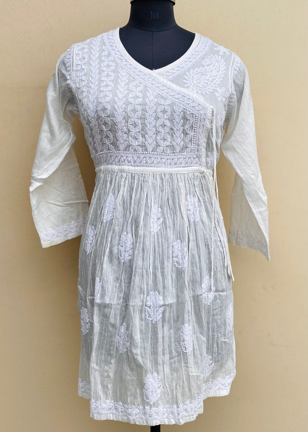 Lucknowi Chikankari Angrakha Short Kurti White Mal Chanderi With Sequence Work