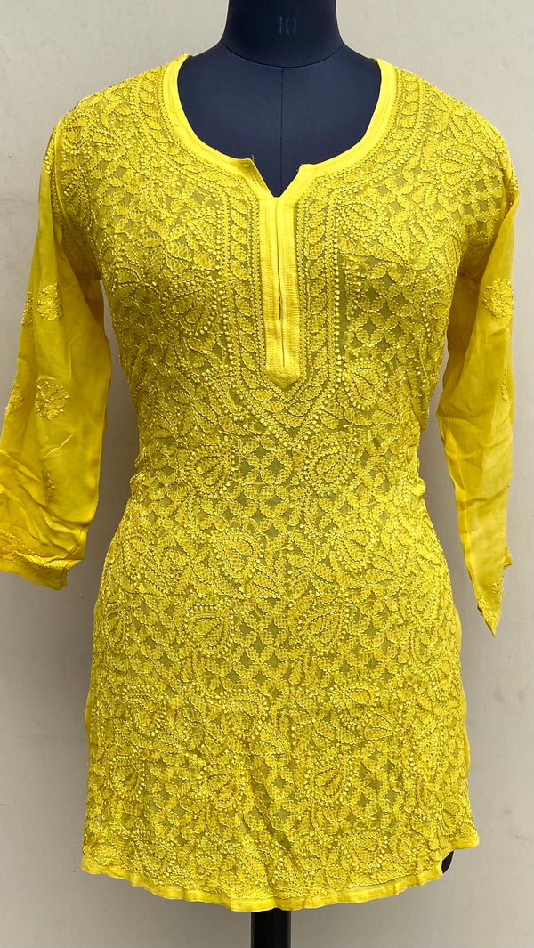 Lucknowi Chikankari Short Kurti Yellow Pure Georgette With Resham Work