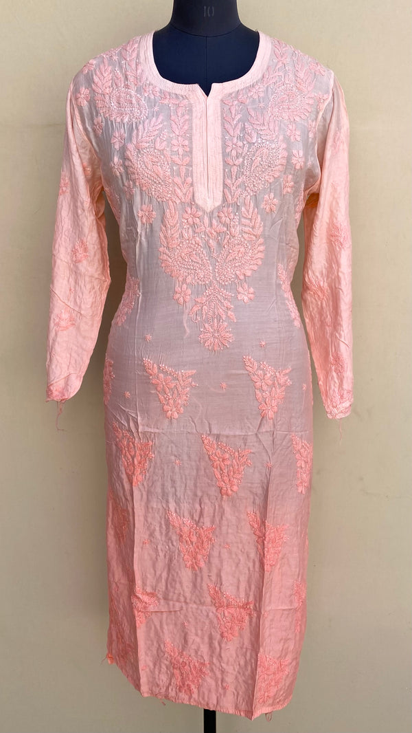 Lucknowi Chikankari Ombre Kurti Peach Muslin Cotton With Self 3D Work