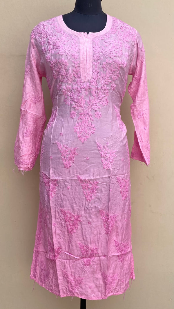 Lucknowi Chikankari Ombre Kurti Pink Muslin Cotton With Self 3D Work