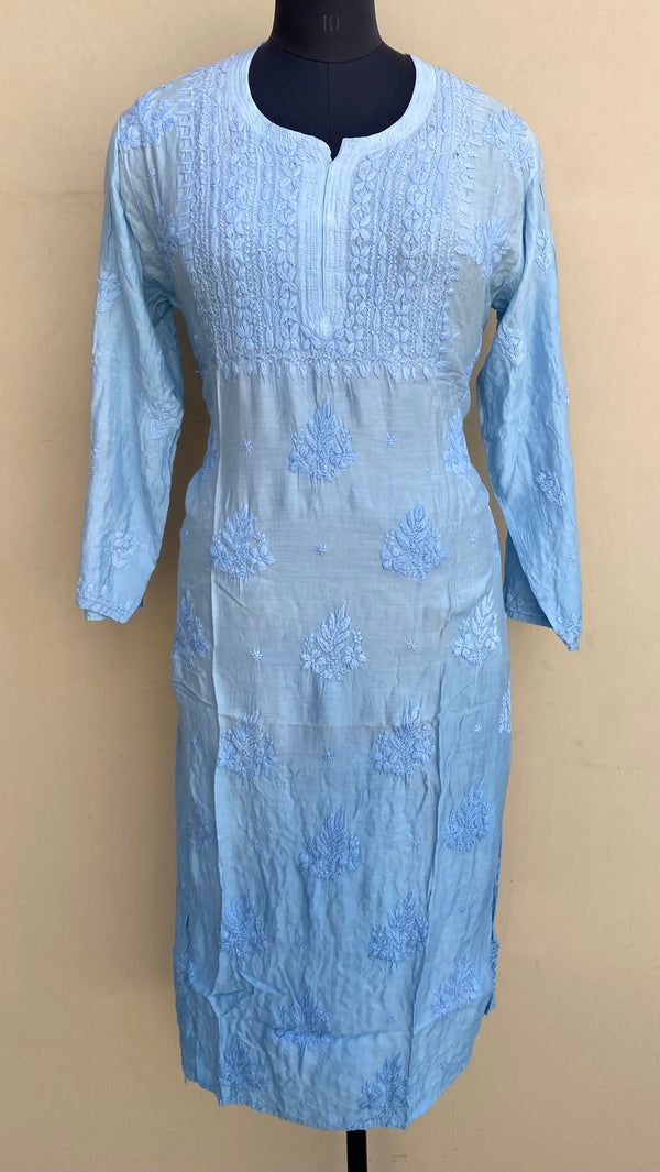 Lucknowi Chikankari Ombre Kurti  Powder Blue Muslin Cotton With Self 3D Work