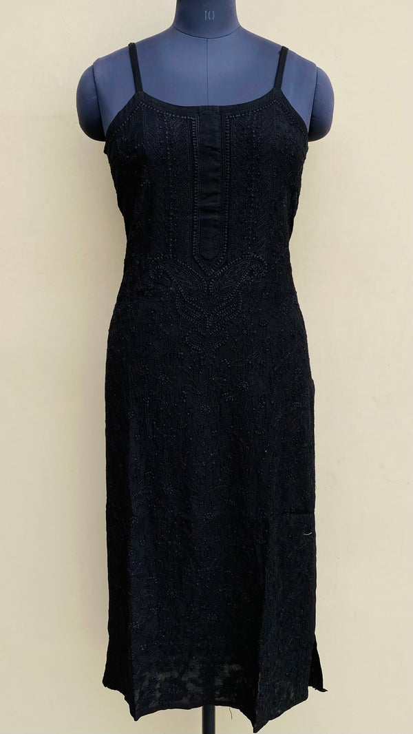 Lucknowi Chikankari Noodle Strap Kurti Black Muslin Cotton With Self Work
