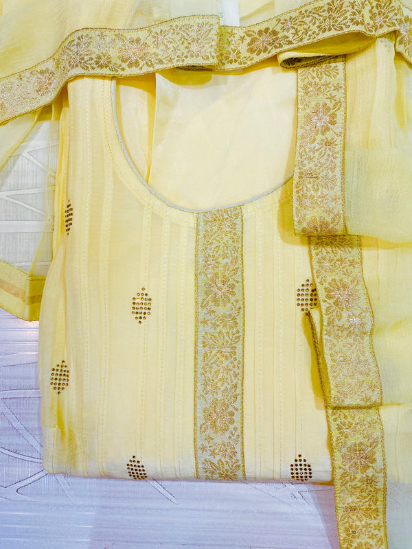 Designer Embroidered Suit Length 3 Piece Yellow Muslin Cotton