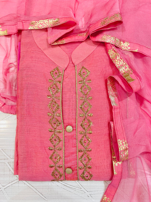 Designer Embroidered Suit Length 3 Piece Pink Chanderi Cotton