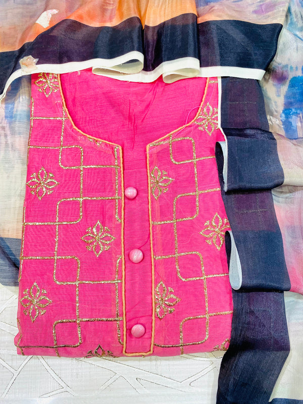 Designer Embroidered Suit Length 3 Piece Pink Chanderi Cotton