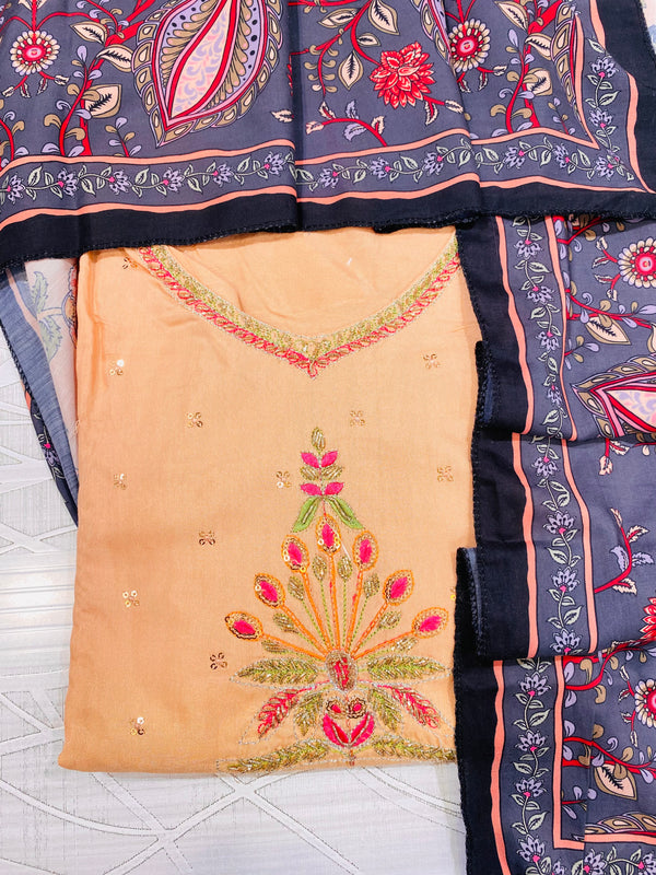 Designer Embroidered Suit Length 3 Piece Peach Mal Cotton