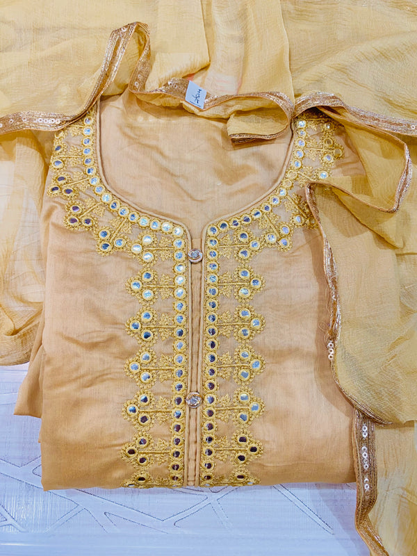 Designer Embroidered Suit Length 3 Piece Golden Chanderi Cotton