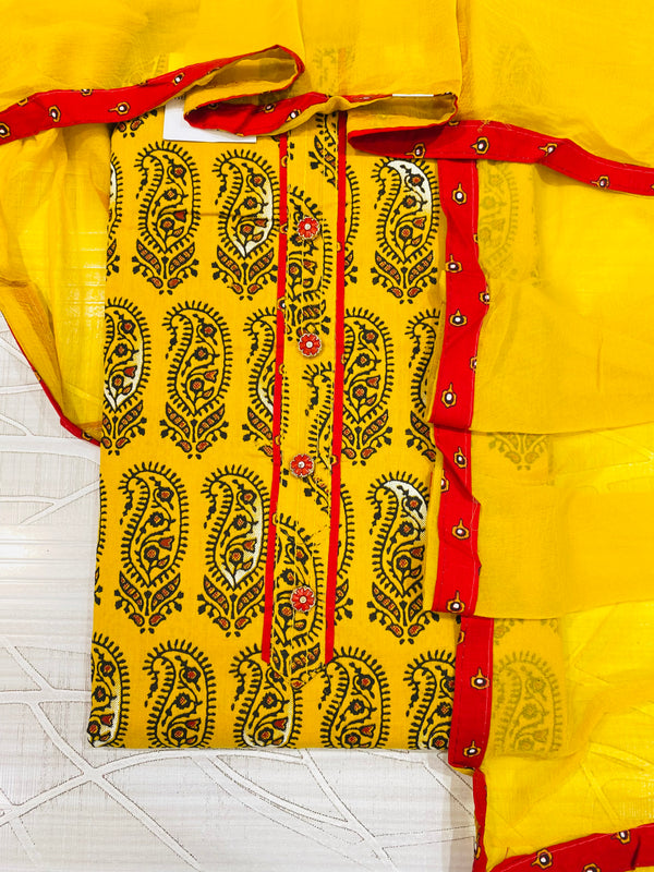 Designer Embroidered Suit Length 3 Piece Yellow Mal Cotton