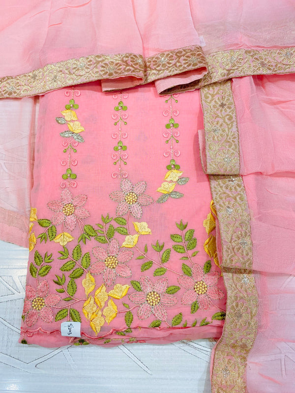 Designer Embroidered Suit Length 3 Piece Pink Organza Cotton