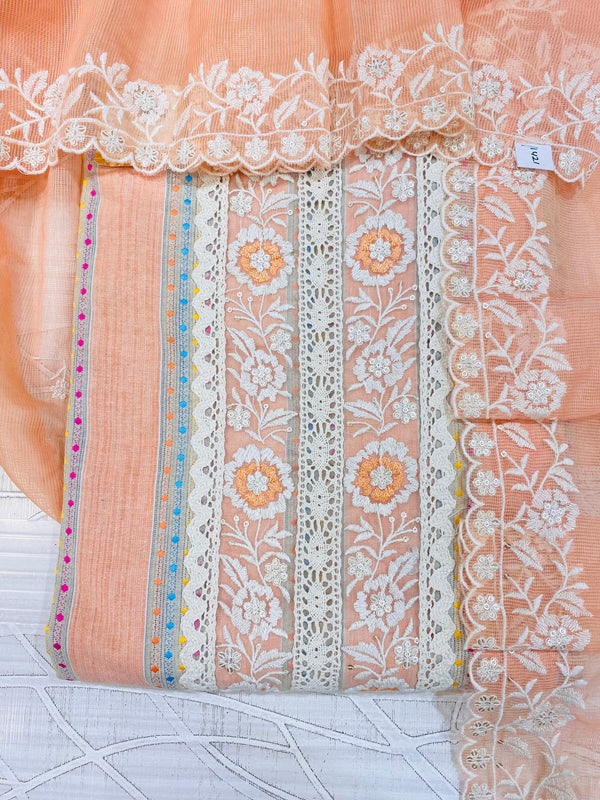 Designer Embroidered Suit Length 3 Piece Peach Mal Cotton