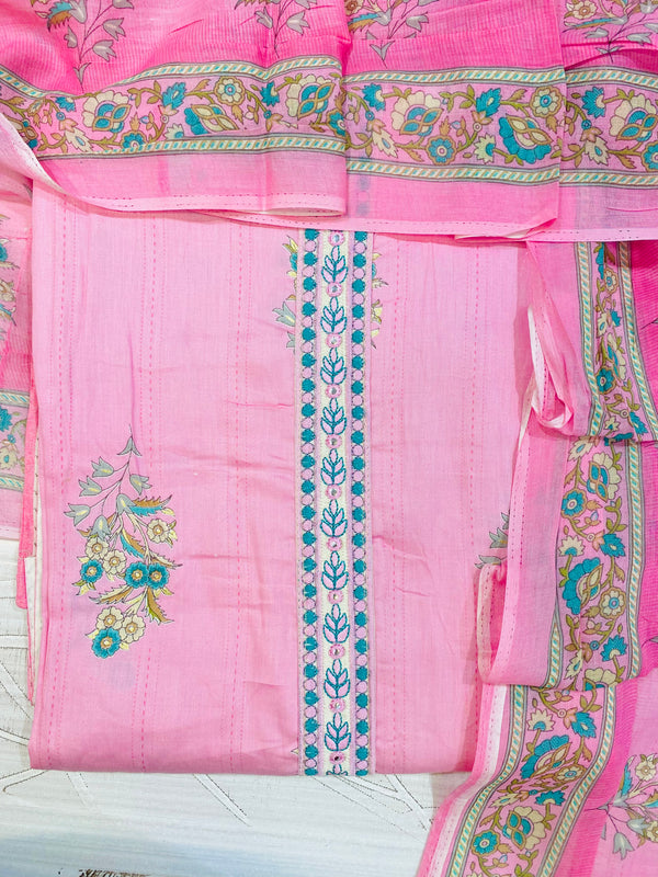 Designer Embroidered Suit Length 3 Piece Pink Mal Cotton