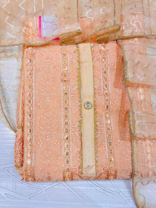 Designer Embroidered Suit Length 3 Piece Peach Chanderi Cotton